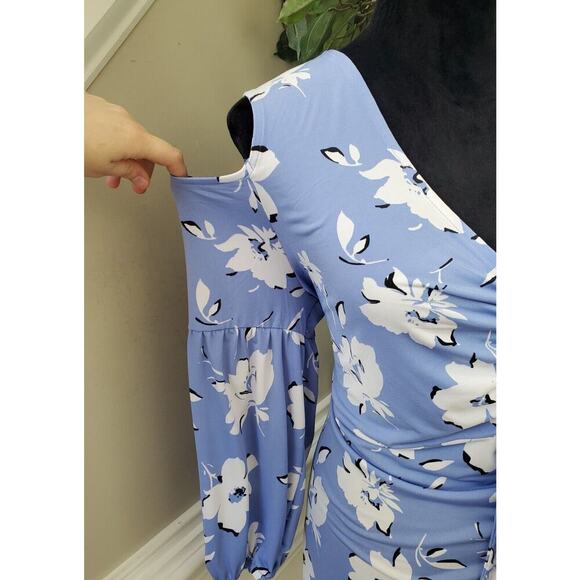 Cato Womens Blue Floral Polyester Ruched Cold Shoulder V Neck Top Blouse Size XL - Picture 4 of 12